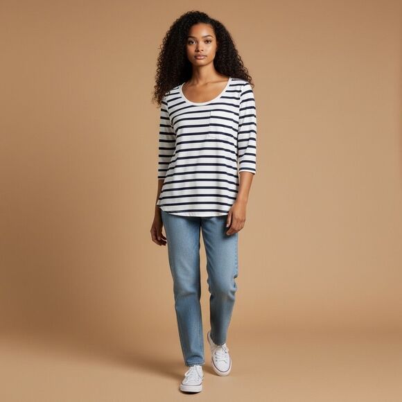 CAbi Navy White Striped Scoop Neck 3/4 Sleeve Top Size Small - Picture 1 of 7